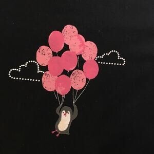 HUE Penguin & Balloons Black & Pink Tee Shirt Distressed Graphic